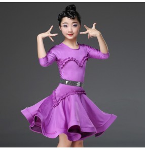 Girls latin dance dresses white violet black colored kids ballroom salsa samba chacha dance skirts costumes dresses