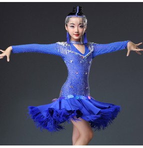 Girls latin dancing dresses royal blue pink orange rhinestones competition stage performance professional salsa chacha rumba dancing skirts dresses