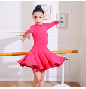Girls latin dress long sleeves pink black competition practice stage performance salsa rumba chacha dancing costumes 