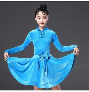 Girls latin dresses dark green blue gold red long sleeves velvet competition ballroom salsa rumba chacha dance dress skirts