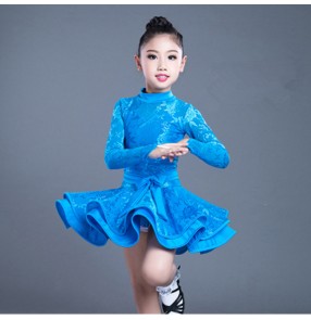 Girls latin dresses for blue red color children kids lace long sleeves exercises competition ballroom chacha rumba dance dresses