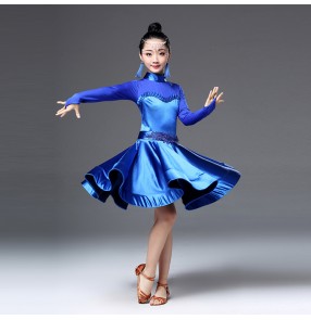 Girls latin dresses for girls violet royal blue red black ballroom competition stage performance professional rumba chacha dancing costumes