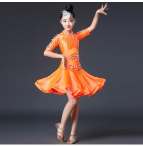 Girls latin dresses for kids children orange red green beads competition stage performance rumba salsa chacha dancing costumes