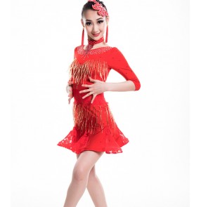 Girls latin dresses for kids children red competition stage performance professional rumba salsa samba chacha dancing dress