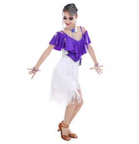 Girls latin dresses kids children tassels purple with white dimond rumba salsa chacha rumba dance skirts dress