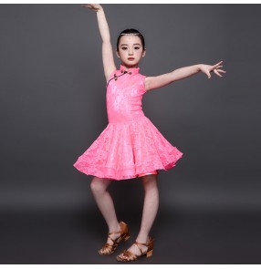 Girls latin dresses kids children white pink lace competition stage performance professional rumba samba chacha dance costumes