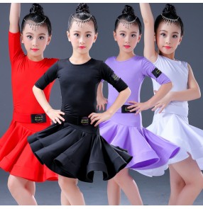 Girls latin dresses kids violet red black colored rumba salsa chacha salsa competition stage performance dance costumes dress