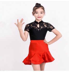 Girls latin dresses lace stage performance competition salsa chacha rumba dancing leotards tops and skirts