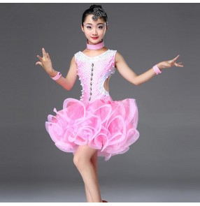 Girls latin dresses mint pink royal blue ballroom salsa rumba beads professional competition stage performance dancing costumes dresses
