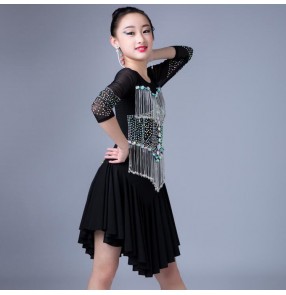 Girls latin dresses modern dance kids children rhinestones competition rumba chacha dancing skirts costumes dress