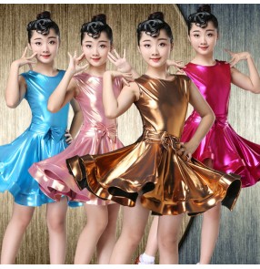 Girls latin dresses pink blue gold glitter ballroom salsa chacha rumba dance skirts for kids stage performance competition dresses