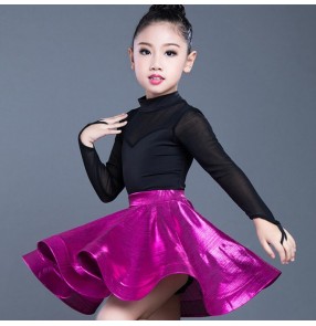 Girls latin dresses salsa rumba dress for kids pink gold black silver competition stage performance professional ballroom leotard tops and skirts