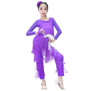 Girls latin dresses tassels for kids children violet pink black long sleeves diamond tops and long pants ballroom salsa rumba chacha dance costumes 