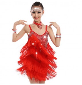 Girls latin dresses tassels red green rhinestones competition stage performance professional chacha rumba chacha dancing costumes