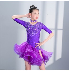 Girls latin dresses violet red kids competition stage performance rumba salsa cha cha dance skirts dresses