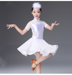 Girls latin dresses white black kids stage performance salsa chacha rumba samba lace dancing ballroom dresses