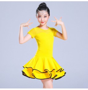 Girls latin dresses yellow pink royal blue stage performance children latin dress salsa chacha rumba dance skirts costumes