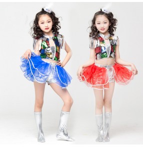Girls latin jazz dance dress sequin colored blue red colored stage performance modern street hiphop dance chorus singers dance dress costumes