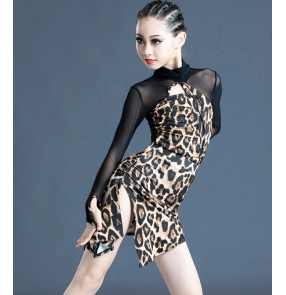 Girls leopard black latin dance dresses competition latin dance skirts competition stage performance latin dance clothing for kids 
