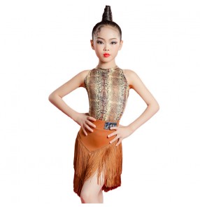 Girls leopard Fringe latin dance Dresses for kids stage performance latin outfits modern dance salsa rumba chacha dance tassels dresses