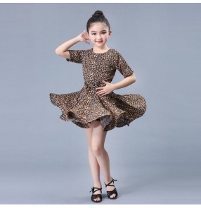 Girls leopard latin dance dresses kids children stage performance competition modern dance rumba salsa chacha dance skirts dress