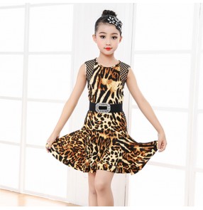 Girls leopard printed latin dance dresses stage performance rumba salsa chacha dance dresses skirts