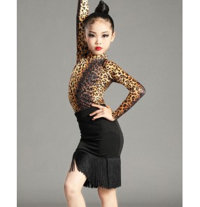 Girls Leopard with black fringe latin dance dress modern salsa latin ballroom performance costumes for children