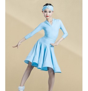 Girls light blue ballroom latin dance dresses competition latin dance costumes ballroom dance dress for kids 