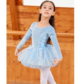 Girls light blue velvet tutu skirt ballet dance dress for kids stage performance practice exercises lace ballet dance costumes for children