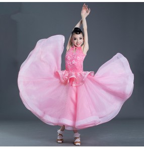 Girls light pink ballroom dancing dresses kids children ballroom waltz tango dance dresses costumes