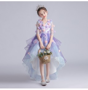 Girls light purple blue flower fairy singers model show princess dresses violet wedding flower girl trailing skirts children piano performance clothes