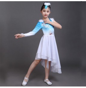 Girls modern dance ballet dancing dresses stage performance blue gradient colored birds cosplay singer chorus dresses