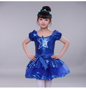 Girls modern dance dress costumes kids children pink blue star sequin ballet chorus stage performance singers dresses