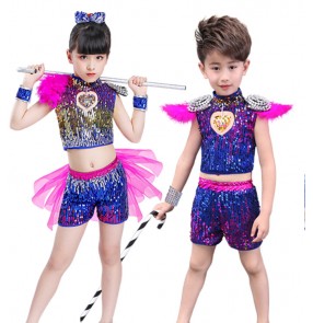 Girls modern dance dresses sequin rainbow colored boys kids jazz singers hiphop princess stage show performance dresses