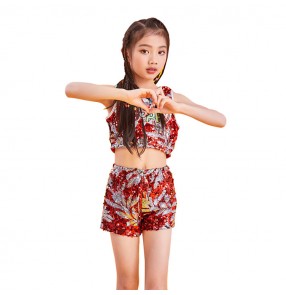 Girls modern dance hiphop street dance costumes red sequin drummer gogo dancers stage performance outfits costumes