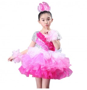 Girls modern dance jazz dance princess dresses host chorus singers performance dress blue pink colored sequin colored  stage performance dresses