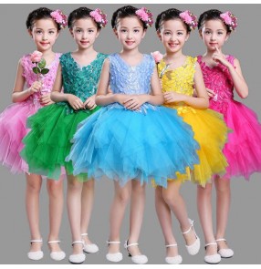 Girls modern dance princess dresses kids children sequin singers chorus show party stage performance flower dresses