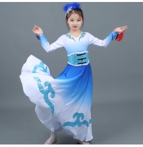 Girls Mongolian dance dresses white with royal blue mongolia dance costumes chinese folk dance costumes grassland dance robes for kids 