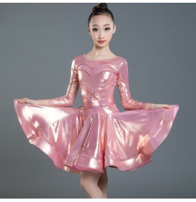 Girls pink ballroom latin dancing dresses glitter shiny skirts costumes modern dance rumba chacha salsa dance dresses