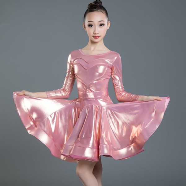 Girls pink ballroom latin dancing dresses glitter shiny skirts costumes ...