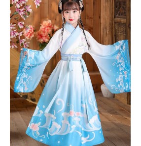 Girls pink blue color chinese folk dance dress film drama cosplay fairy princess hanfu dress for children chinese traditional folk costumes Tang suit birthday gift for kids 