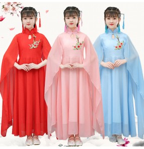 Girls Pink Blue red color Chinese Hanfu fairy dress for kids chinese traditional guzheng Performance dresses piano stage performance waterfall sleeves dresses