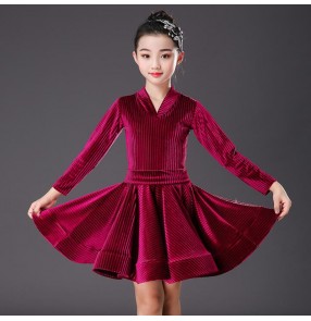 Girls pink blue velvet competition latin dance dresses salsa rumba chacha dance dress latin dance costumes