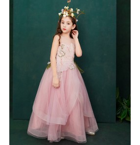 Girls Pink color princess dress host flower girl piano singer fairy stage performance clothes children catwalk clothes xmas birthday gift long dresses