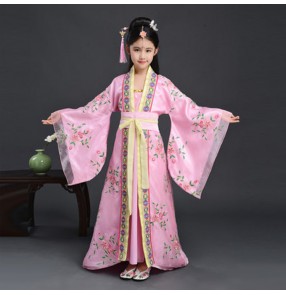 Girls pink colored hanfu chinese folk dance costumes phtoos ancient traditional fairy empress princess drama cosplay trailing dresses