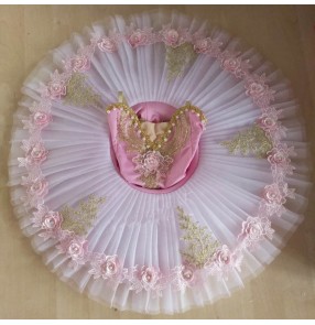 Girls pink flowers modern dance ballet dance dresses pancake classical tutu skirts stage performance ballet dance costumes
