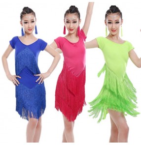 Girls pink latin dance fringes dresses green blue stage performance rumba salsa samba chacha dance dresses