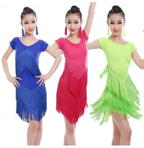Girls pink latin dance fringes dresses green blue stage performance rumba salsa samba chacha dance dresses