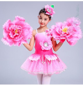 Girls pink petal flowers fairy performance modern dance chorus dresses for kids fairy cosplay jazz dance costumes for girls