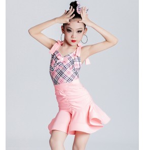 Girls pink plaid latin dance dresses children ballroom latin salsa cha cha performance costumes for Baby